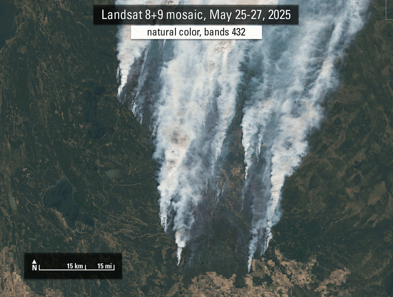 Animation of Landsat images showing fires burning in Saskatchewan, Canada