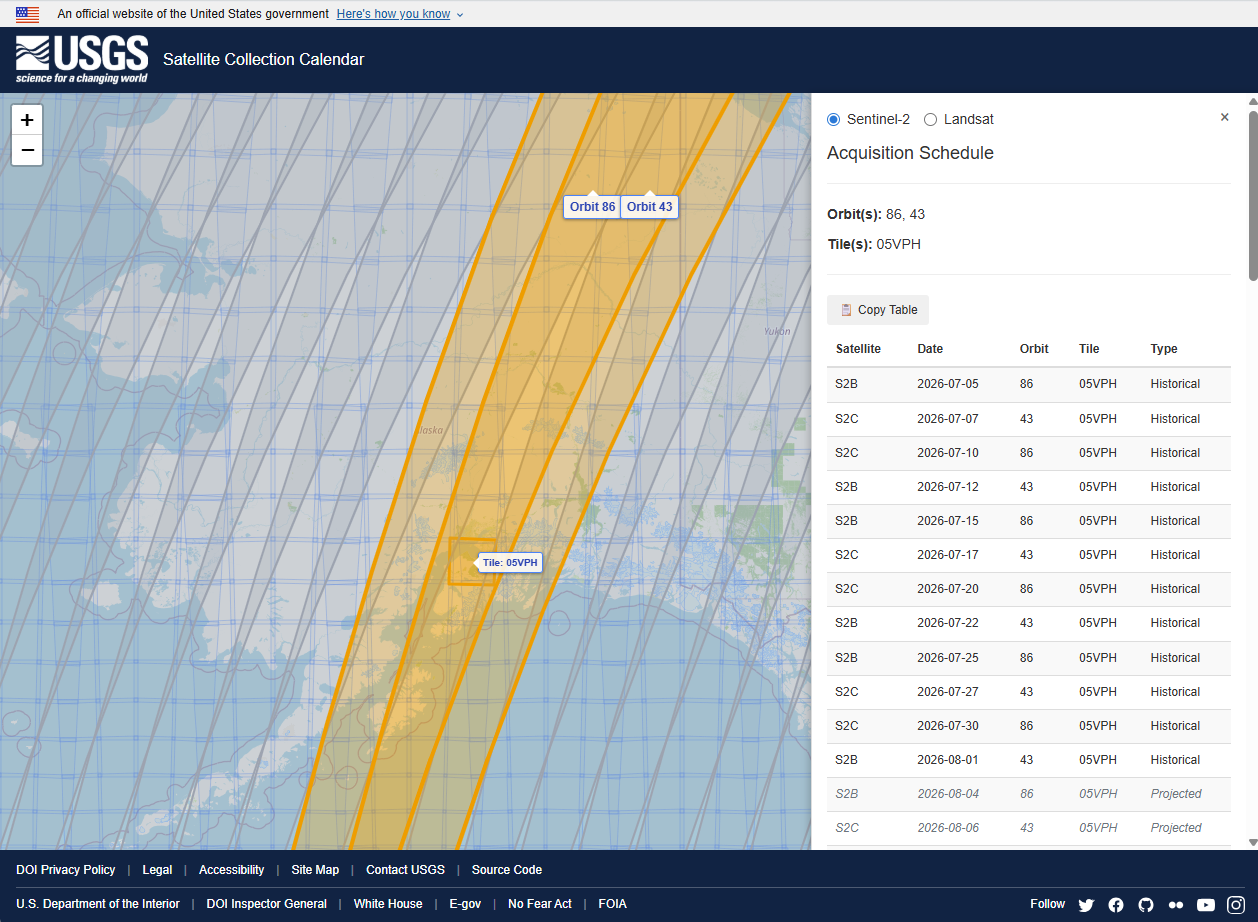 Screenshot form the Satellite Collection Calendar web tool.