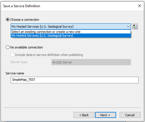 screenshot showing how to choose a connection when saving a service definition