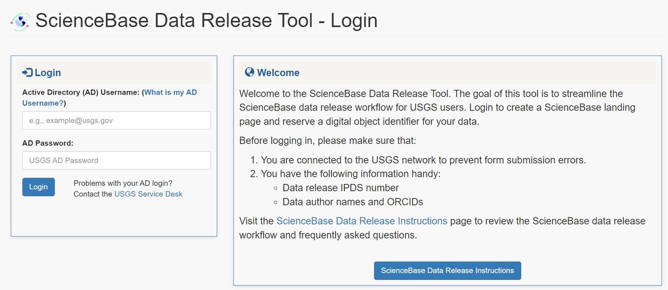 Screenshot of the ScienceBase Data Release Tool login screen
