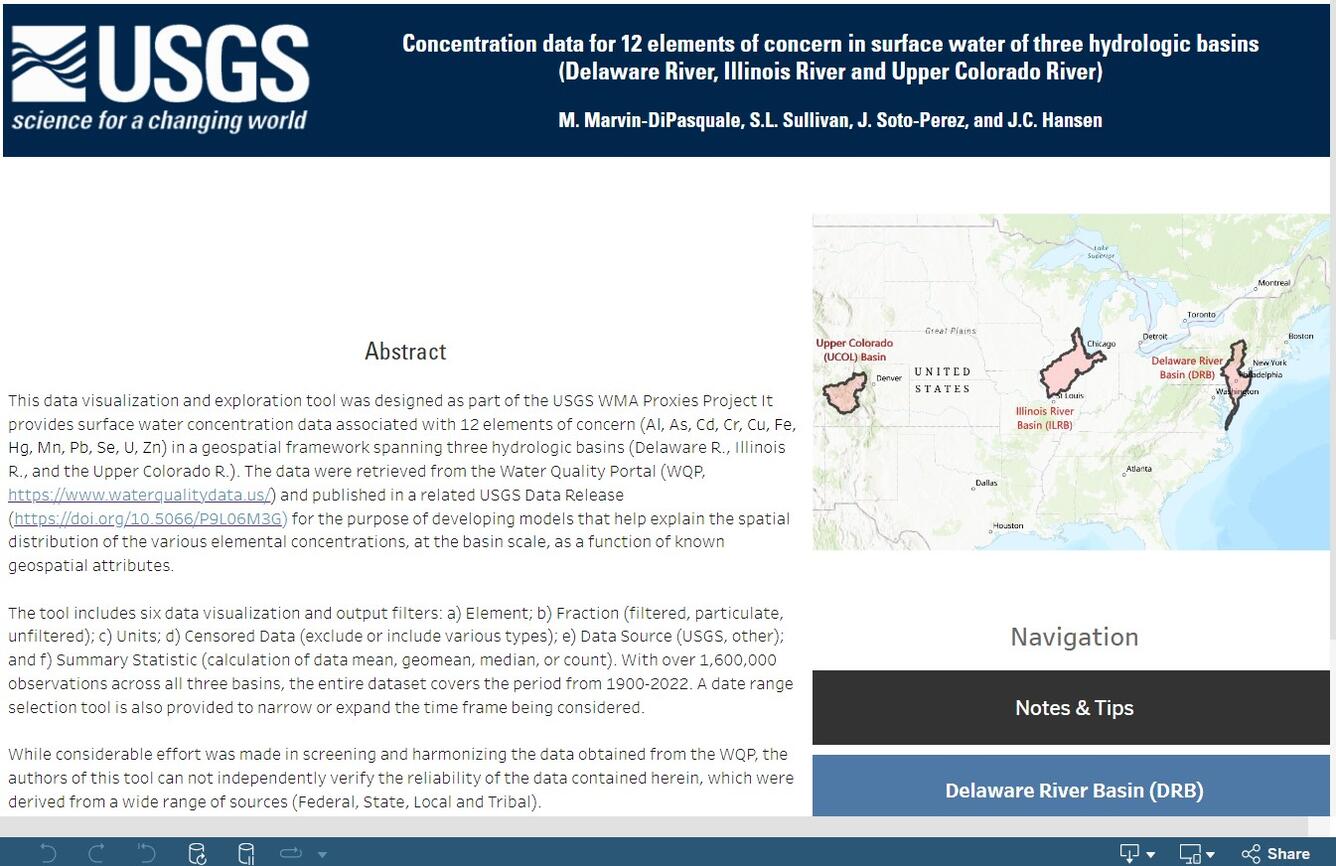 Screen capture of Concentration data for 12 elements of concern in surface water of three hydrologic basins web tool