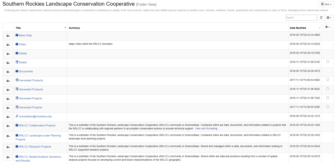 Screenshot of folder view on ScienceBase