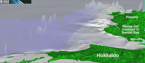 A moving illustration that shows how a tsunami wave moves near the coastal area.
