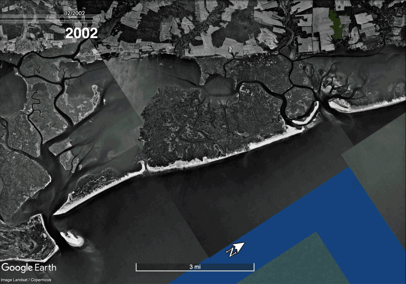Aerial photos from Cedar Island, VA from 1984 to 2020 show the island gradually retreating towards the mainland. 
