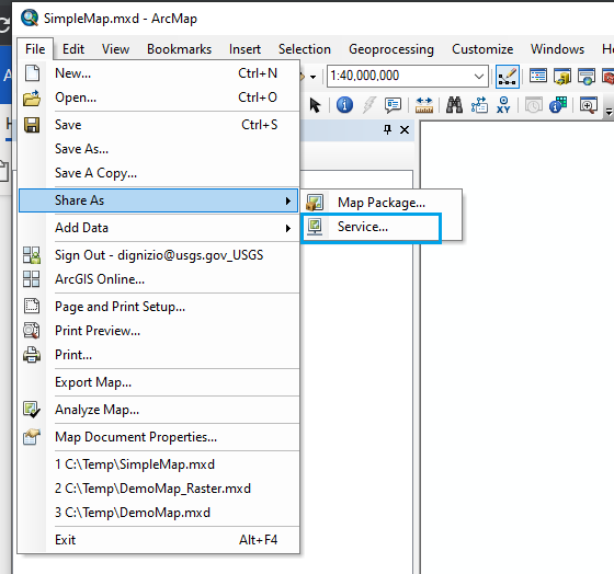 Screenshot showing how to share .mxd file as a service