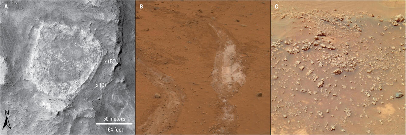 Three panel figure: black and white surface of Mars; red ground with white streak; red ground with small scattered rocks