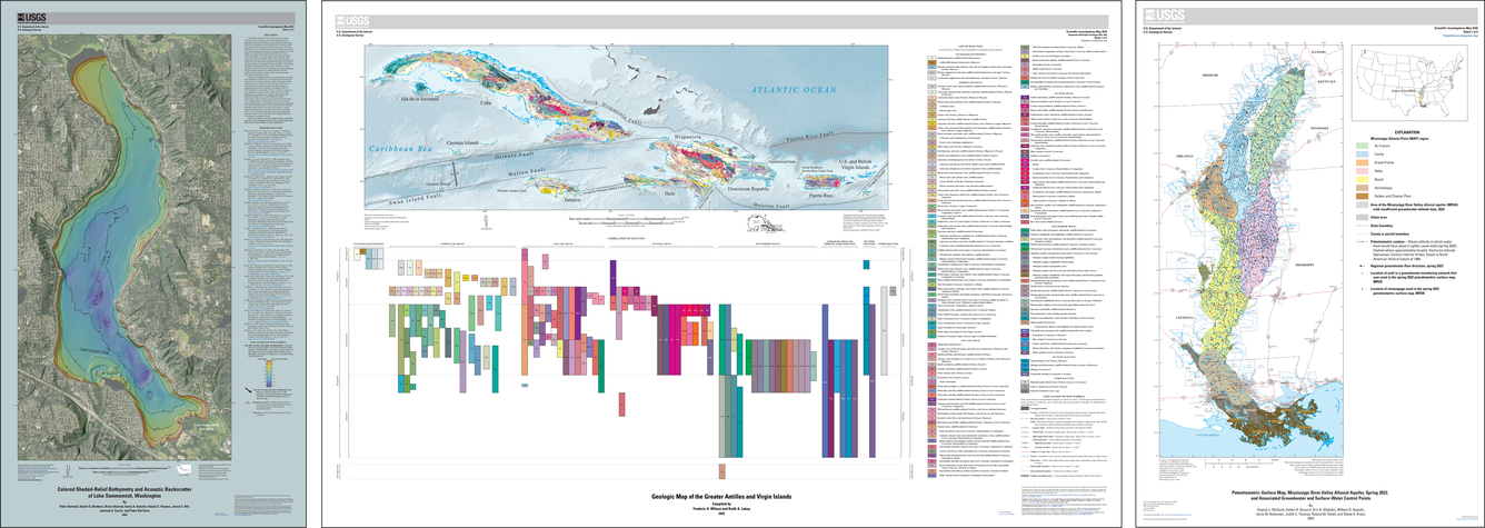 Three map sheets side by side. Each display a detailed map with text and charts.