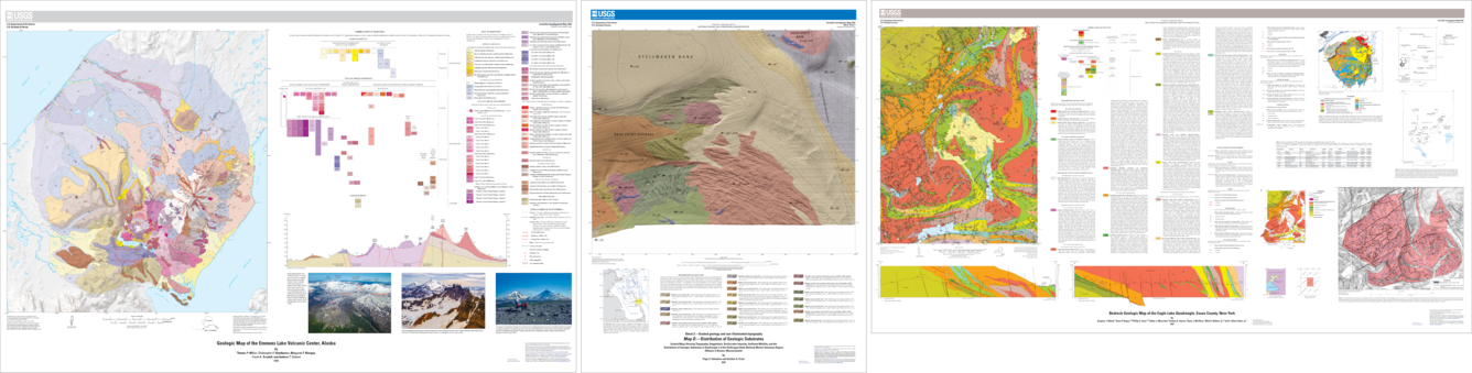 Three map sheets side by side. Each display a detailed map with text and charts.