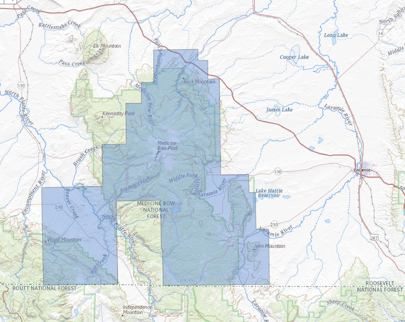 Image shows a map of southern Wyoming with the survey area marked in a colored polygon
