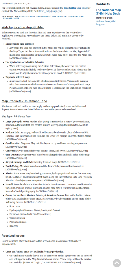 A screen capture of the topoBuilder Known Issues page.
