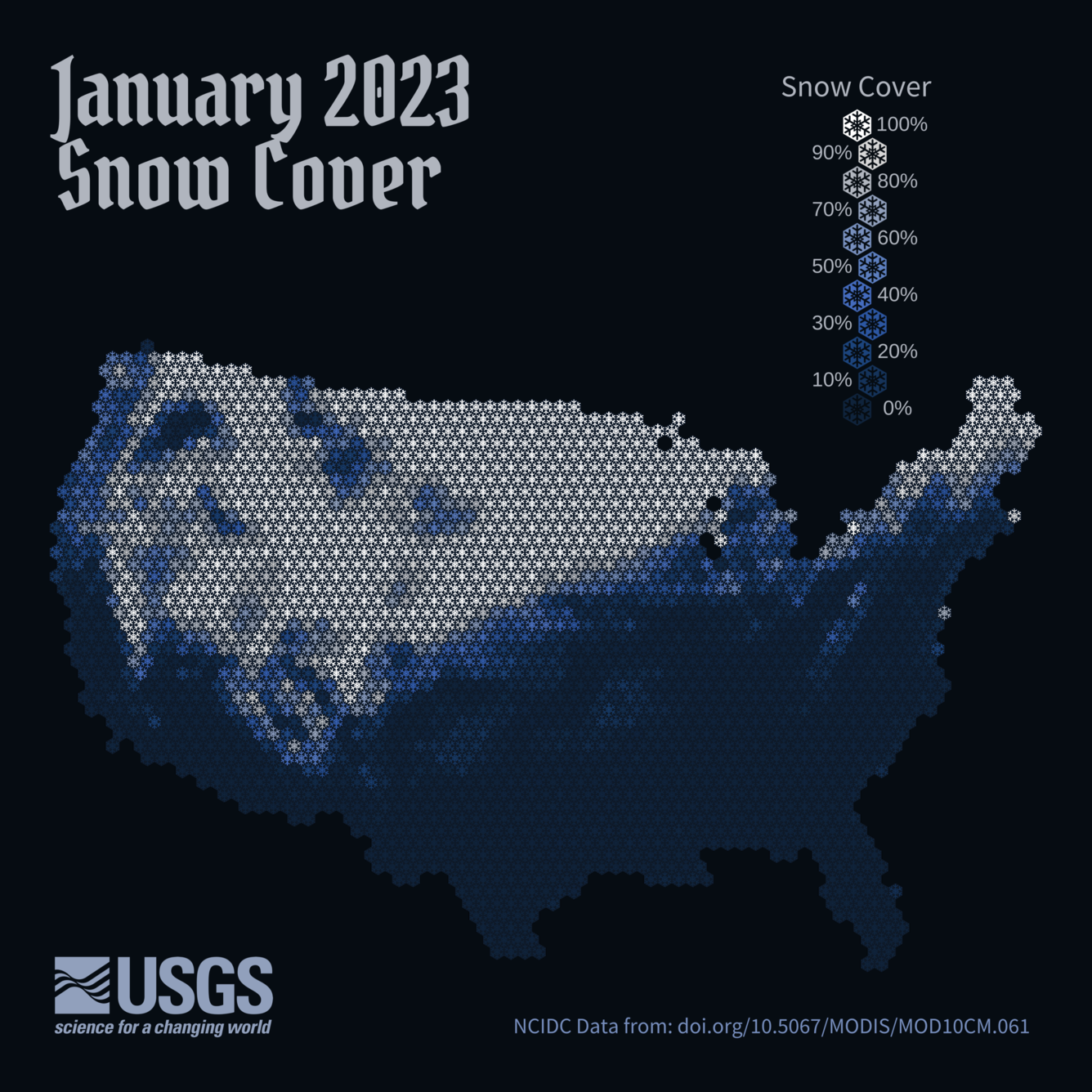 A map of the contiguous U.S. using a snowflake hex pattern to show snow cover for January 2023. 
