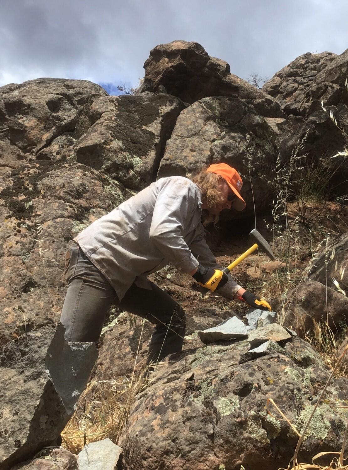 A geologist wearing a blue button-down shirt, khaki pants, and an orange ball cap uses a rock hammer to break smaller chunks off the large, weathered, brownish boulders that surround him. The interior of the chunks is revealed to be a pale, speckled gray.