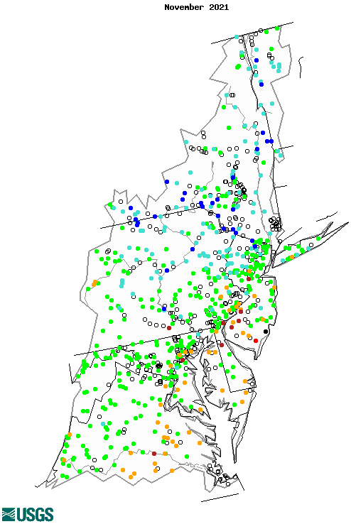 Map of Mid-Atlantic region streamflow conditions in November 2021