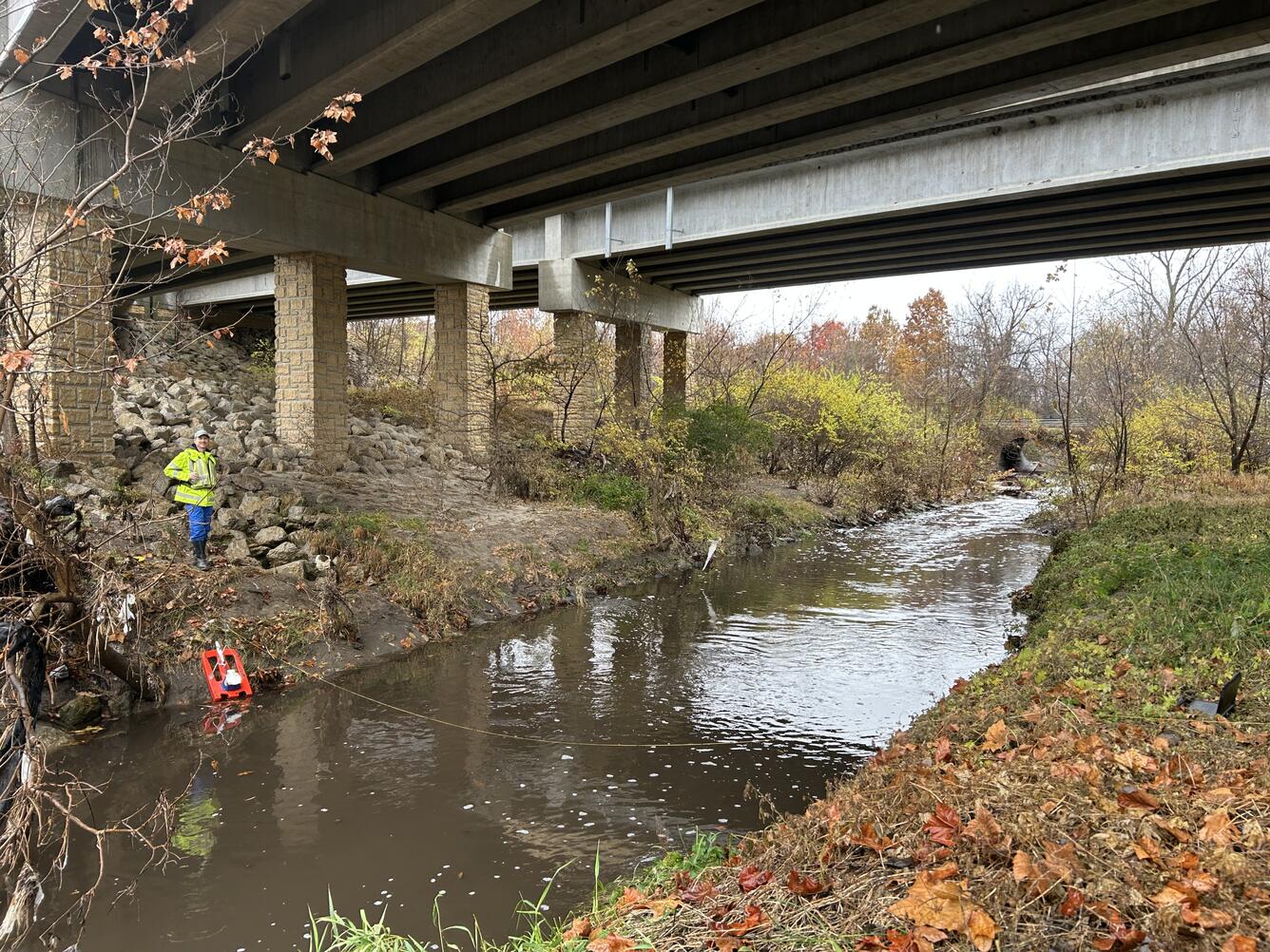 Hydrologic technician prepares to collect a streamflow measurement at a real-time streamgage location