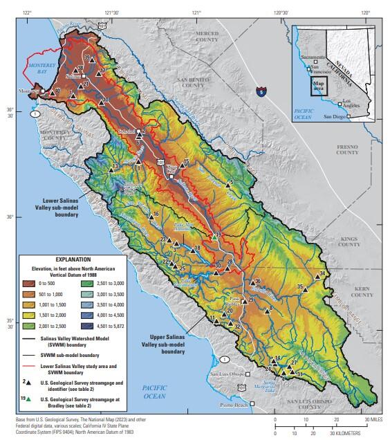 Salinas Valley study area, with land-surface elevation, major rivers and streams, and reservoirs