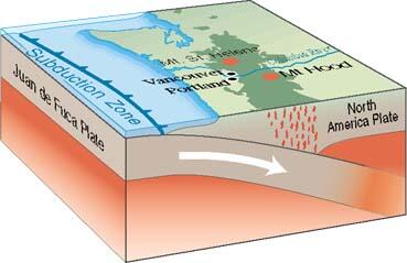 Block diagram showing the Juan de Fuca Plate being subducted under the North America Plate and creating the Mt. St. Helens and Mt. Hood volcanoes.