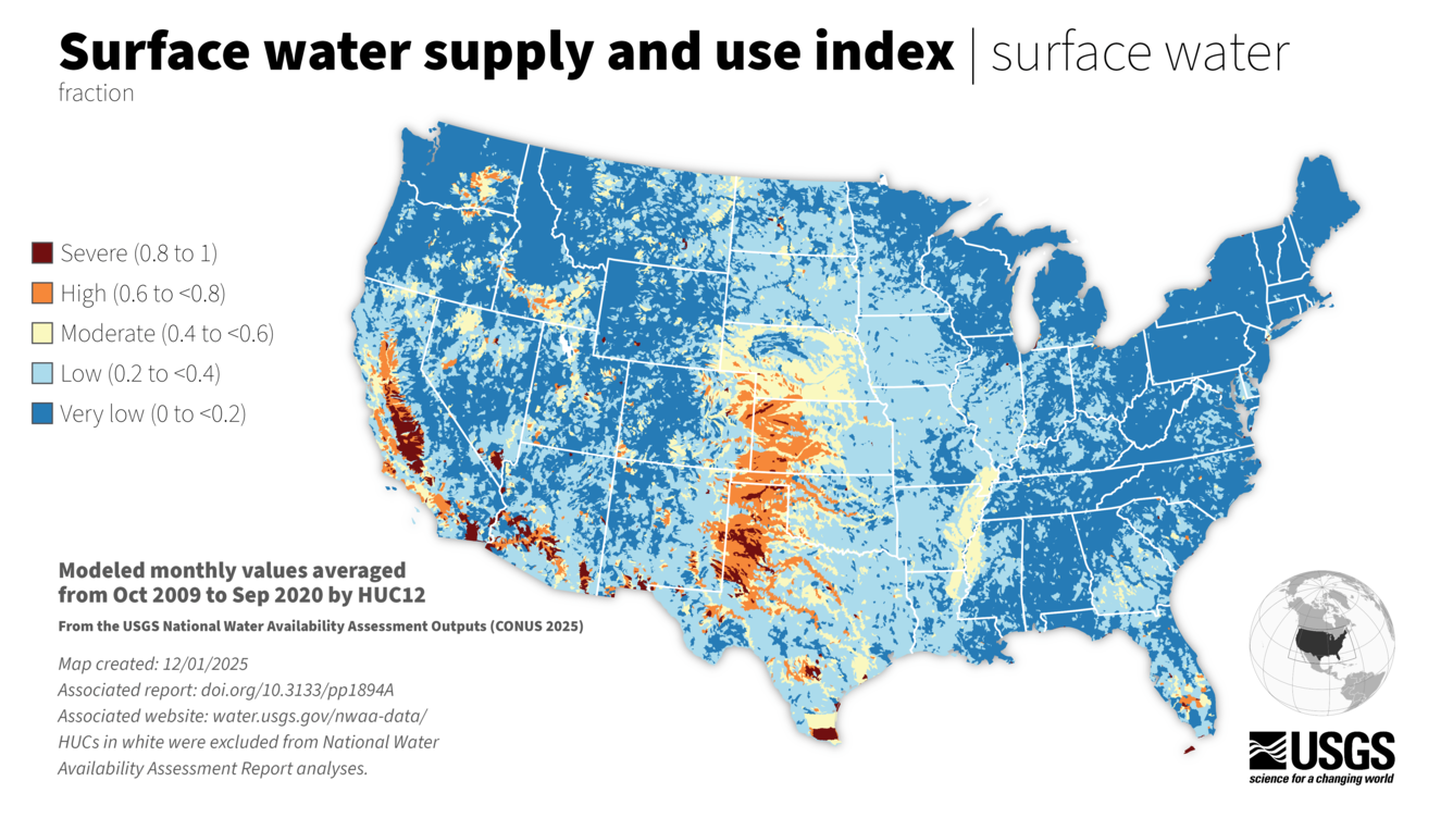 Surface water supply and use index, as a fraction, across the United States