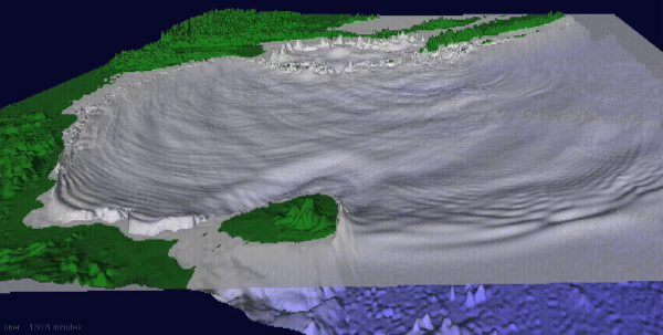 3-D computer animation shows islands with slow rippling waves in the ocean that roll towards and away from them.