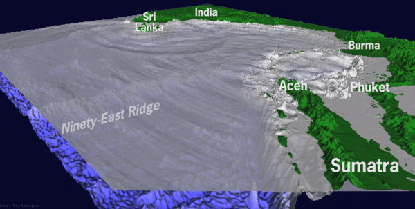 3-D computer animation shows islands with slow rippling waves in the ocean that roll towards and away from them.