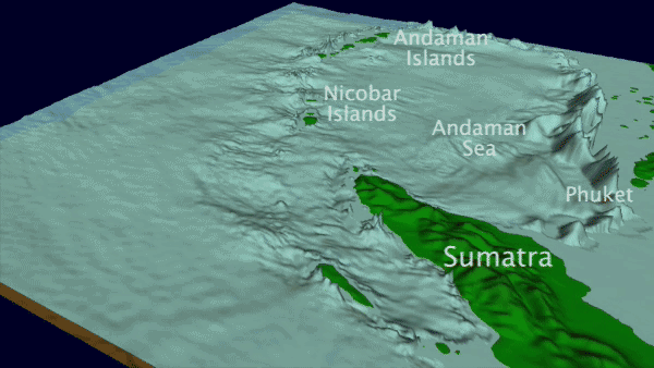 3-D Animation shows the land and how tsunami waves emanate in different directions due to an earthquake.