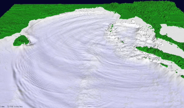 3-D computer animation shows islands with slow rippling waves in the ocean that roll towards and away from them.