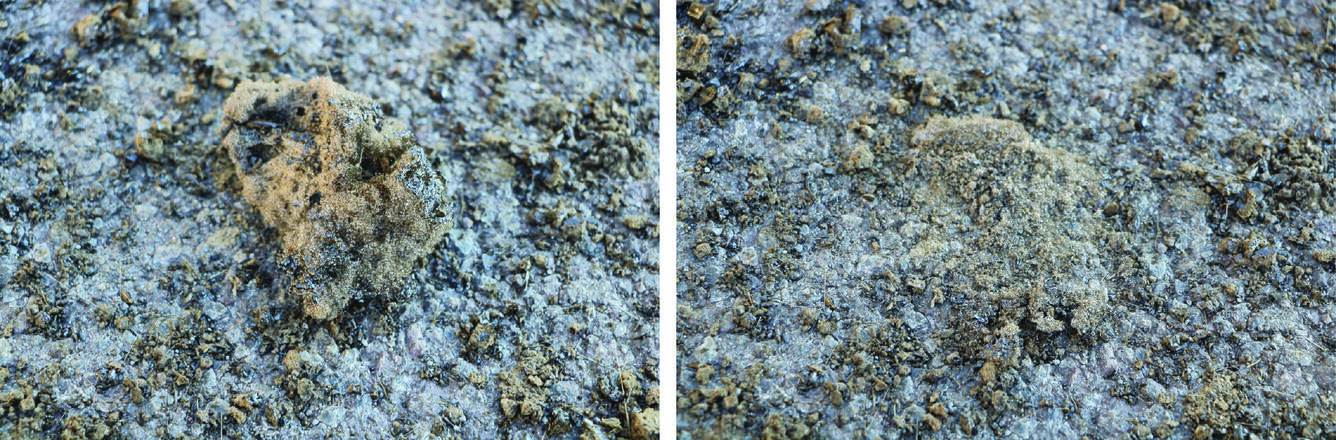Color photograph comparing a piece of rock before and after being crushed