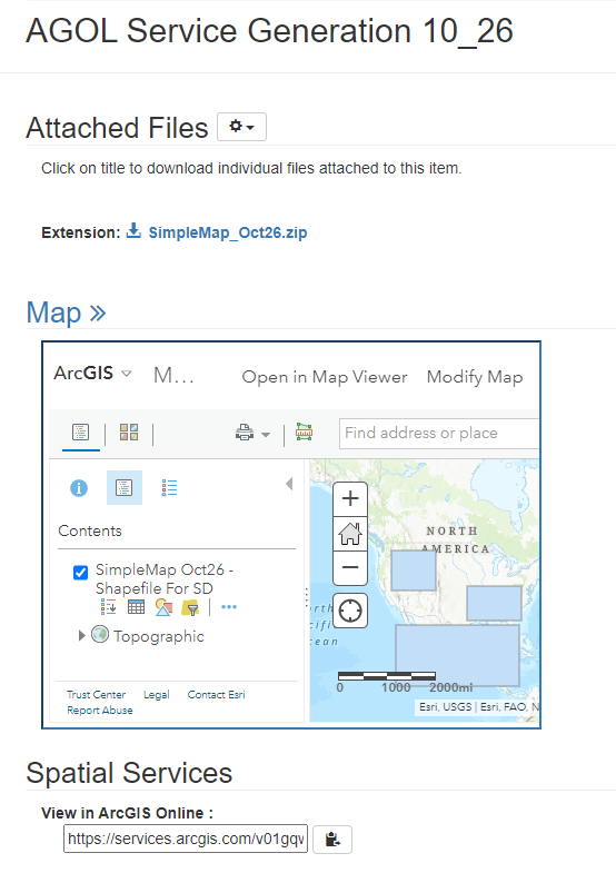 A test item page in ScienceBase shows a map service hosted in the USGS instance of ArcGIS Online (AGOL) from an uploaded ESRI service definition (.sd) file in ScienceBase. A small embedded viewer from ArcGIS Online is displayed back on the ScienceBase item. The new map service URL is displayed under the image.