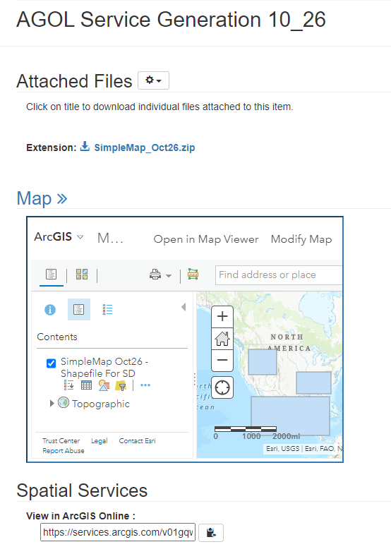 A test item page in ScienceBase shows a map service hosted in the USGS instance of ArcGIS Online (AGOL) from an uploaded ESRI service definition (.sd) file in ScienceBase. A small embedded viewer from ArcGIS Online is displayed back on the ScienceBase item. The new map service URL is displayed under the image. 