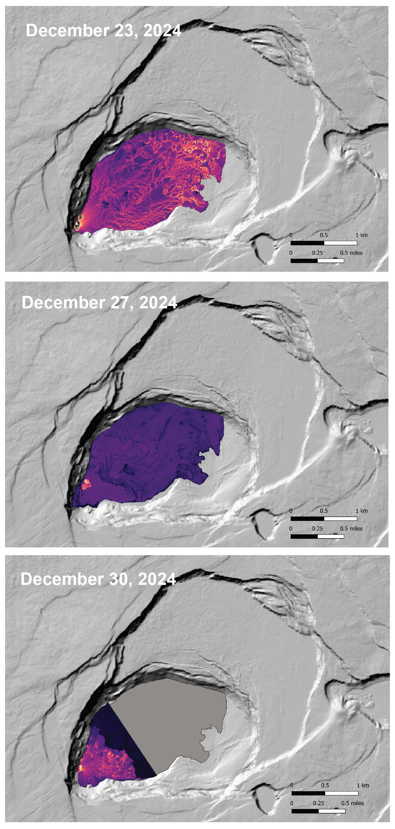 Color maps showing eruption progression 