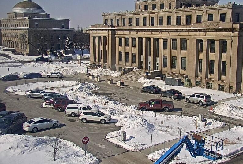 Webcam view of city hall building from adjacent rooftop
