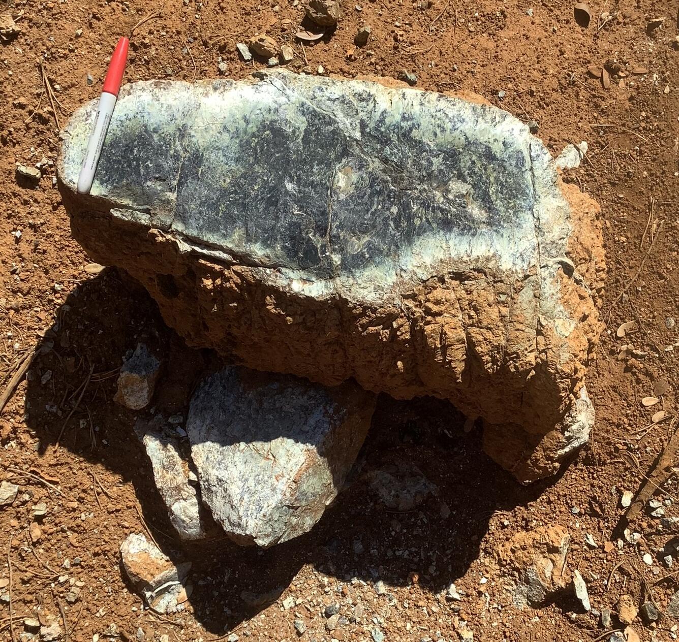 Serpentinized peridotite that has been cut to reveal the serpentine minerals inside surrounded by a thin brown outer layer.