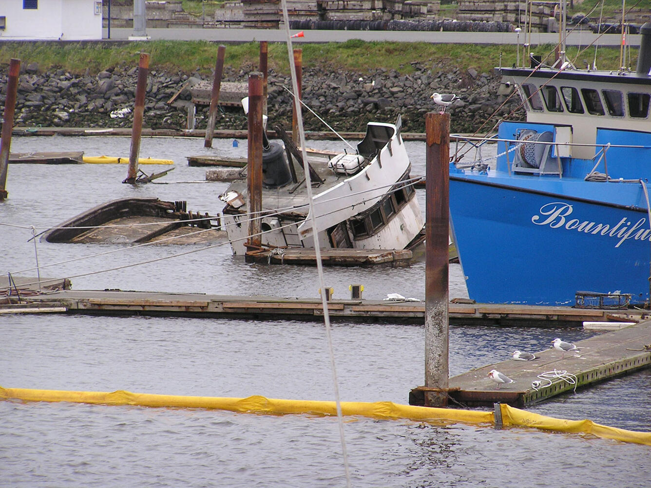 A boat is mostly sunk at a harbor, surrounded by docks and other boats.