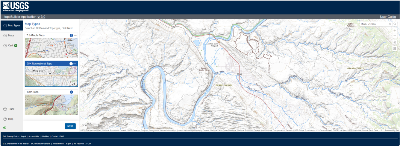 A screenshot of topobuilder showing a topographic map of Moab, Utah 