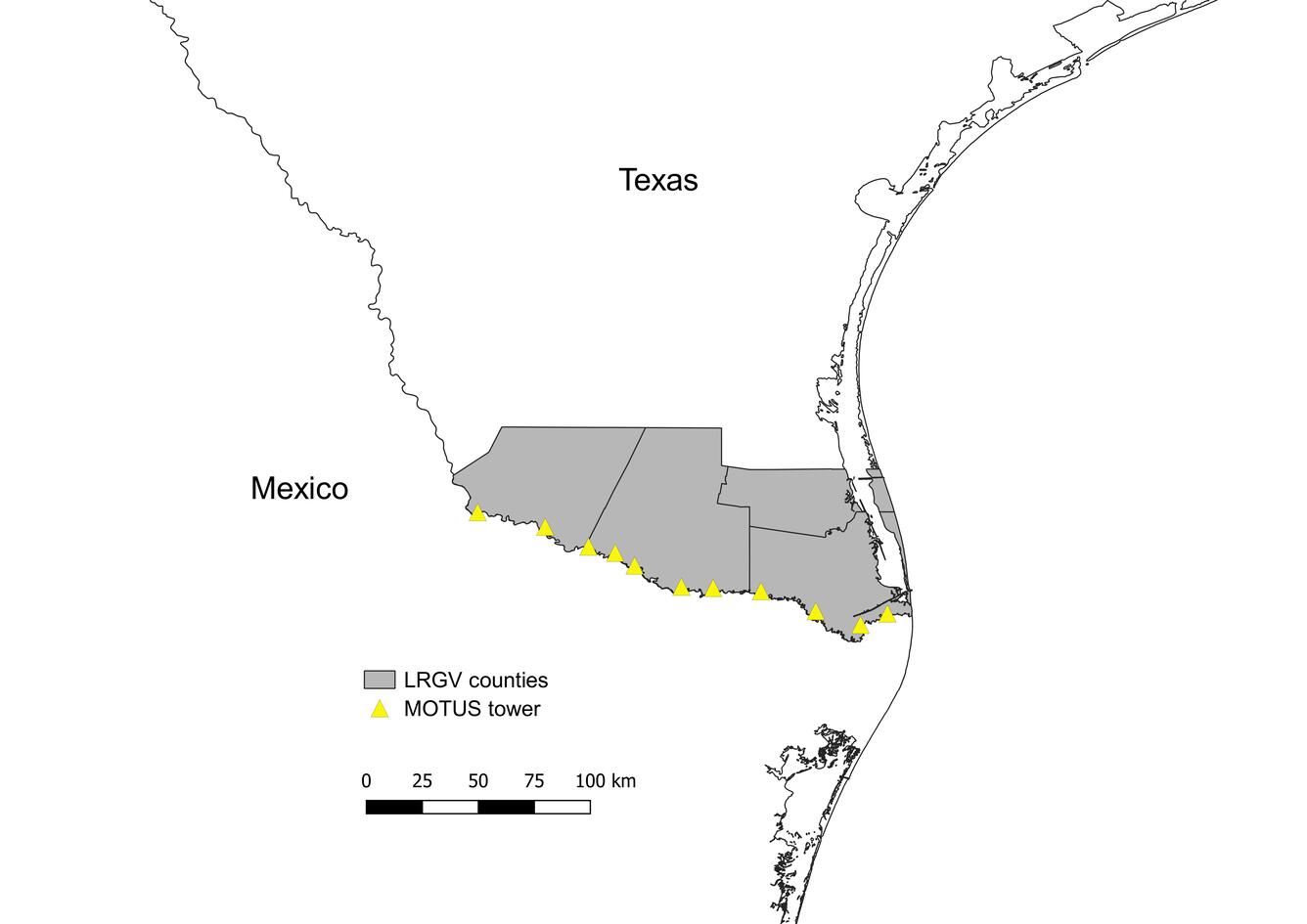 Location of Motus towers within the Lower Rio Grande Valley, TX