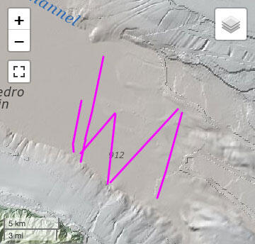 Map of seafloor with lines drawn on it to show path the ship followed.