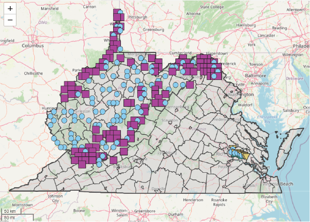 A screenshot showing locations across Virginia, West Virginia, and neighboring states where PFAS have been sampled.