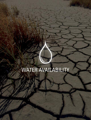 Water Availability with water droplet icon and image of drought (cracked ground) in the background