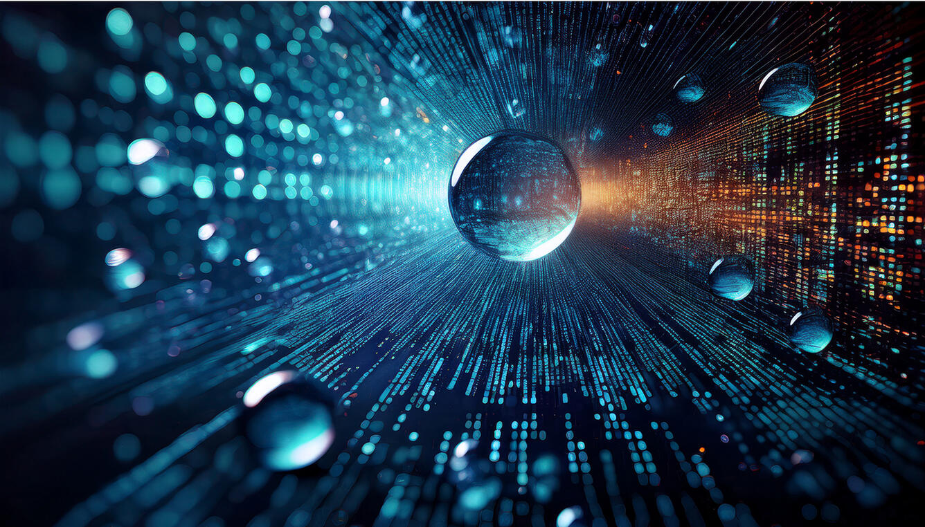 Image of large and small water droplets against data backdrop