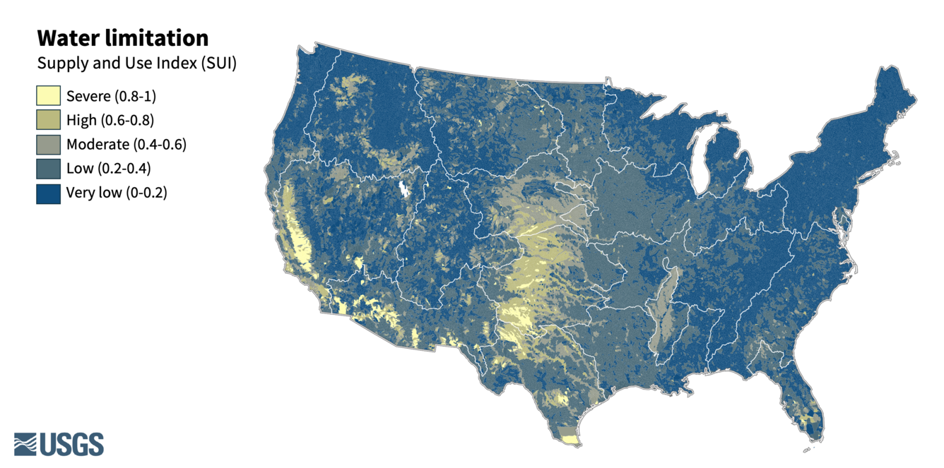 Map showing water limitation using five categories (very low to severe)