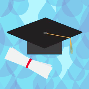 Graduation cap and diploma over water-drop background