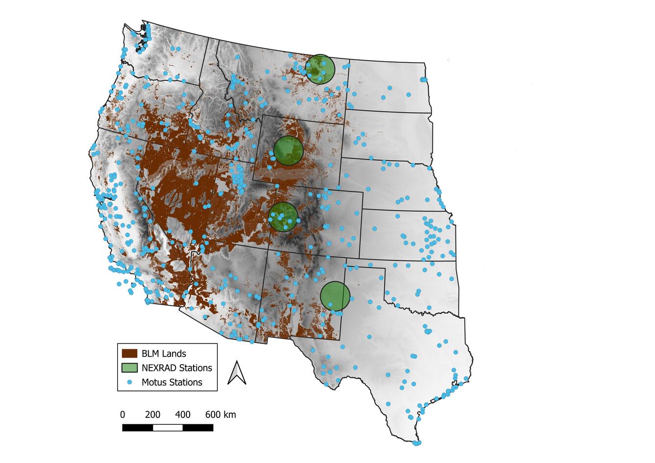 Map of the western United States illustrating lands under BLM management (in brown) and locations of Next Generation Weather Surveillance Radars (NEXRAD Stations) (green dots) and Motus Wildlife Tracking Network stations (Motus Stations) (blue dots).