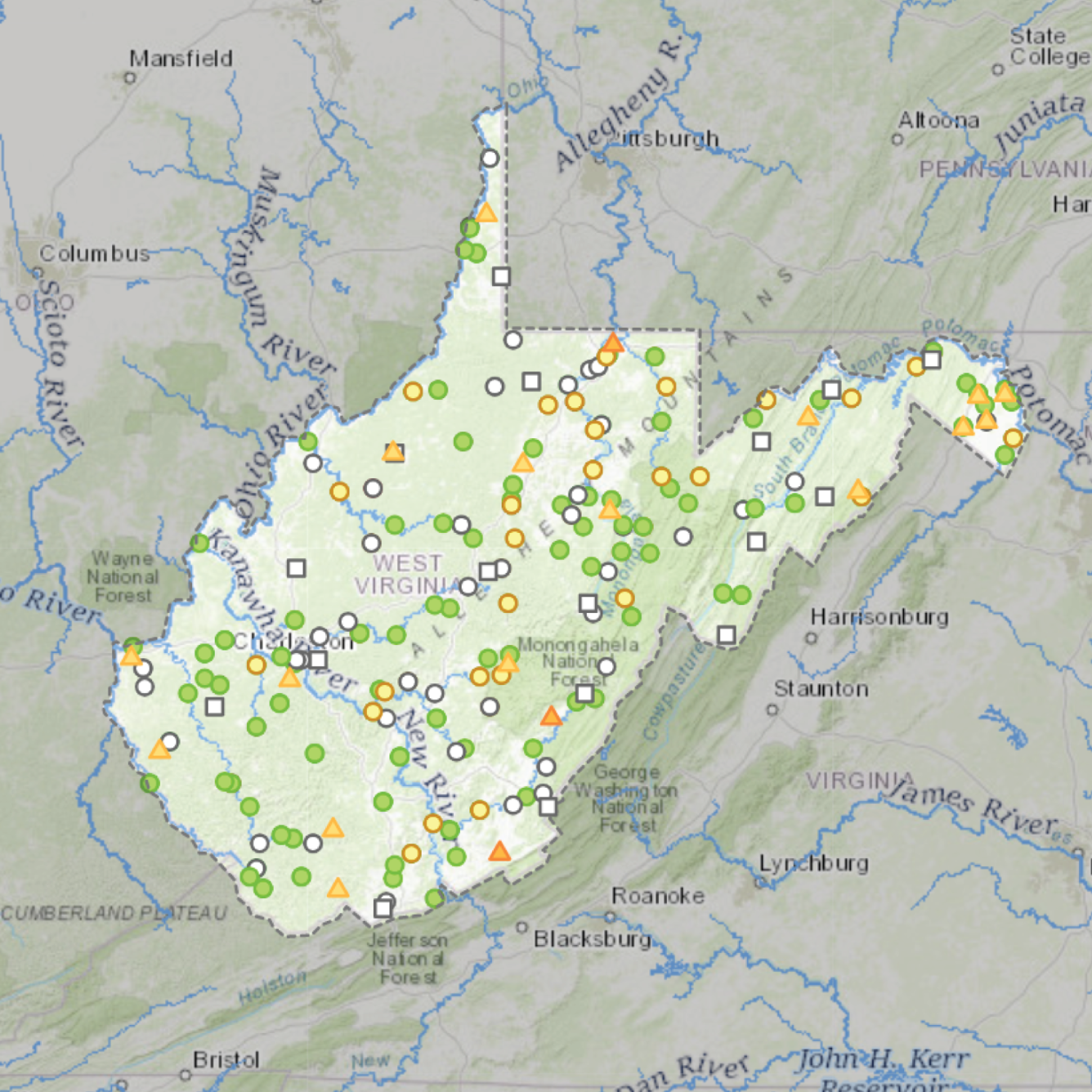 A screenshot of the West Virginia current water conditions dashboard.