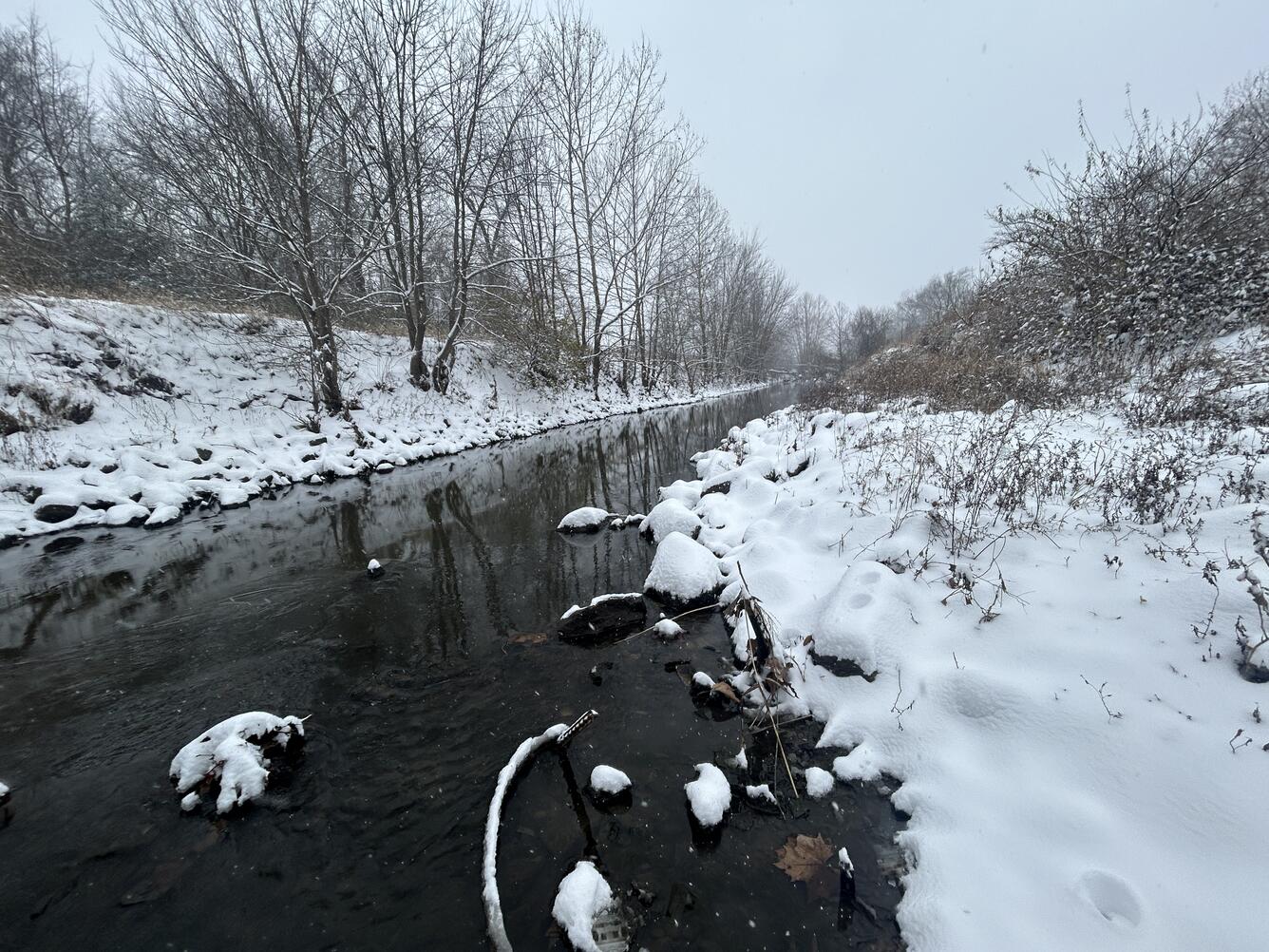 Snow blankets the shore of a river in winter