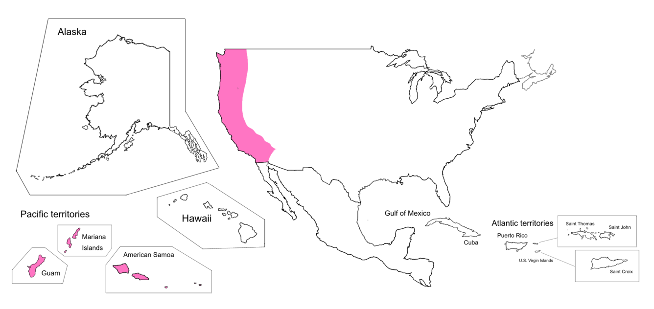 An illustrated map displaying the HERA product coverage for the U.S. West Coast and Pacific territories