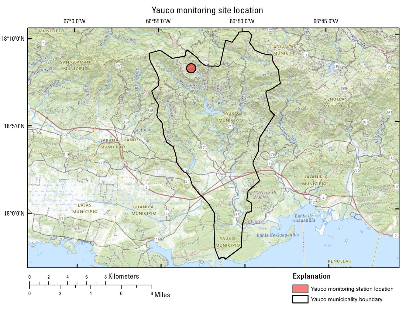 Map of Yauco monitoring site location and municipality boundary