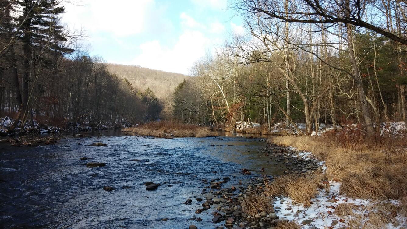 A winter scene looking upstream on Brodhead Creek near Analomink Pennsylvania. Snow dapples the banks in a mixed forest.