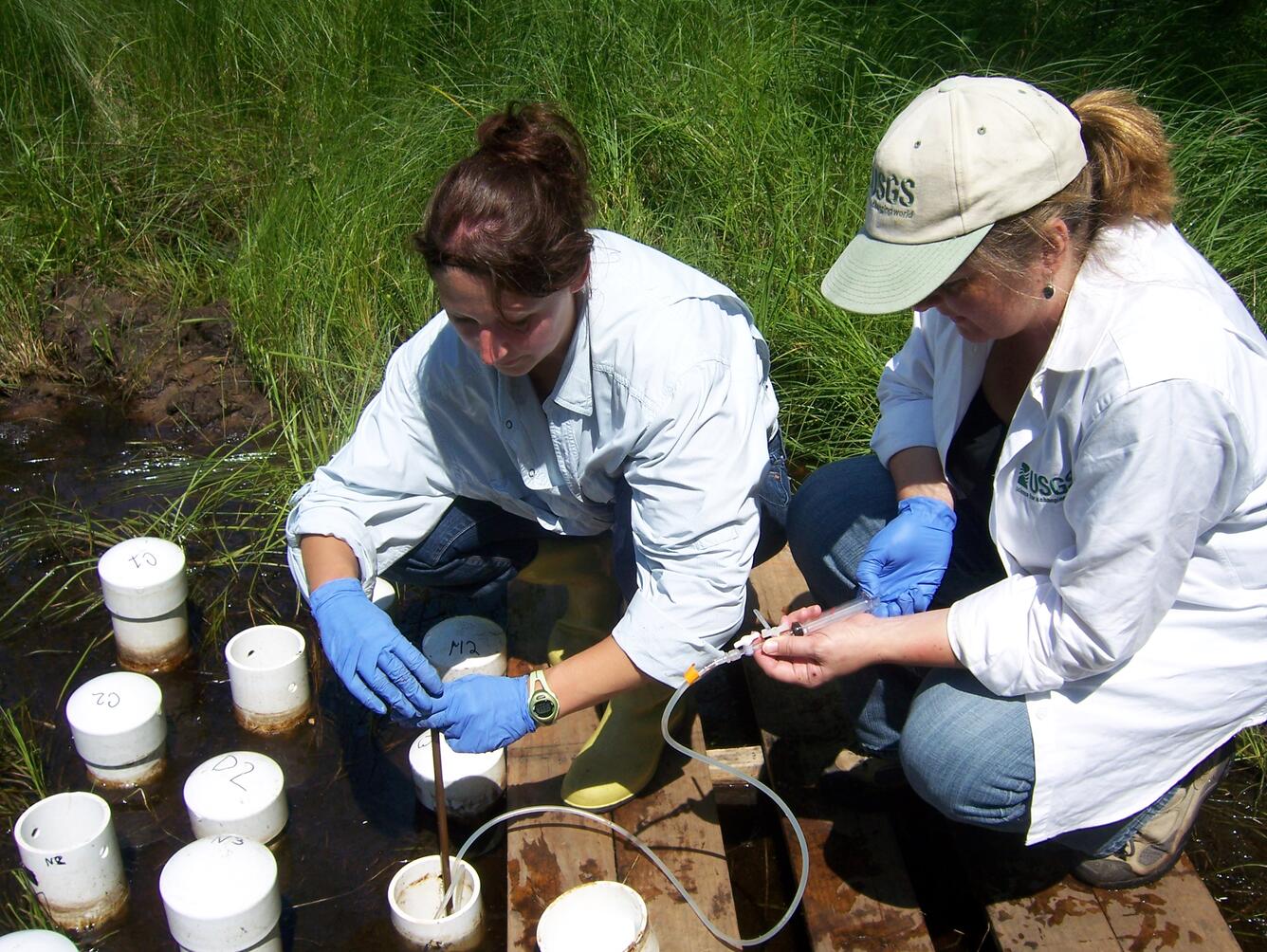 Two USGS National Research Program scientists taking water samples in a wetland.