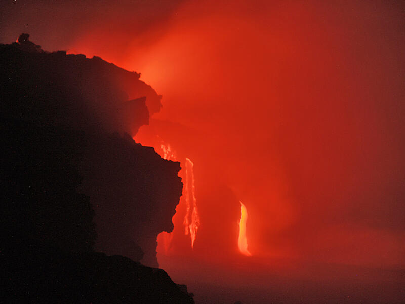 This is a photo of lava entering the ocean southwest of point of Banana delta.