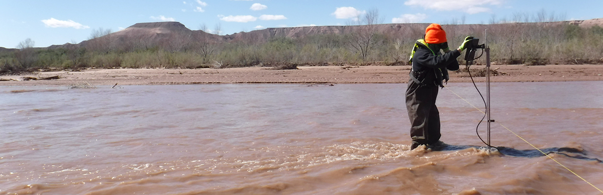 Making a discharge measurement at Virgin River above Lake Mead near Overton, Nev.