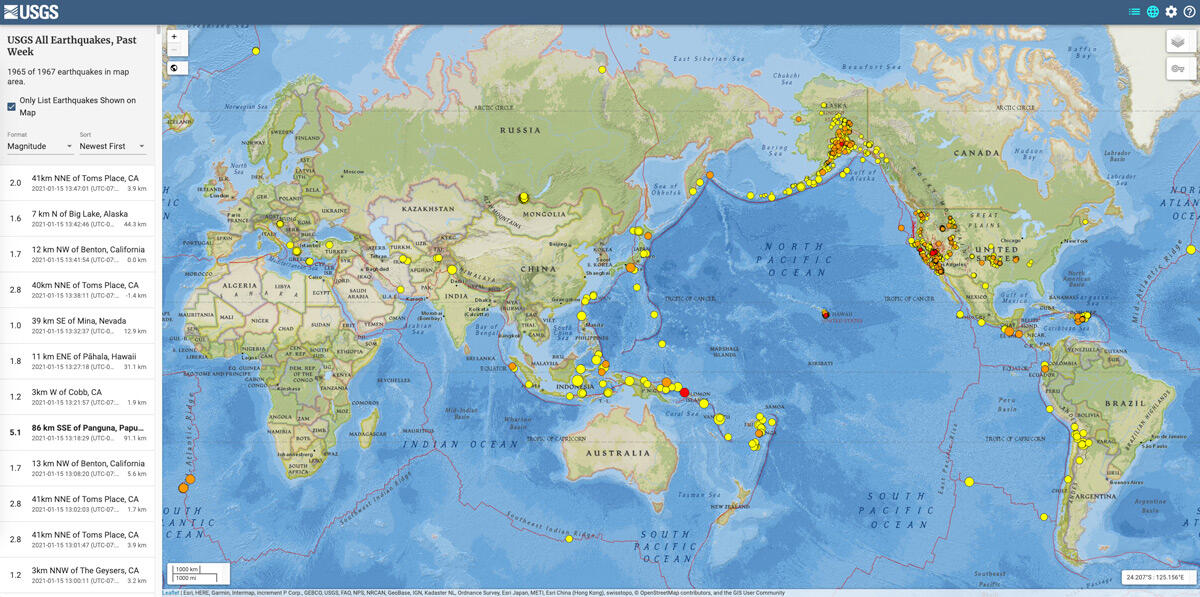 world map with circles for earthquakes and list on left side